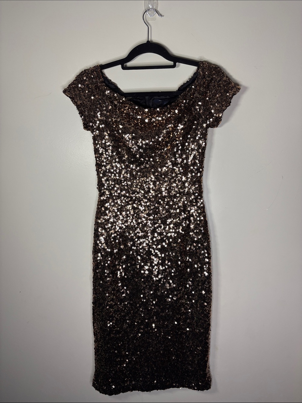French Connection Bronze Sequin Cap-Sleeve Midi Dress